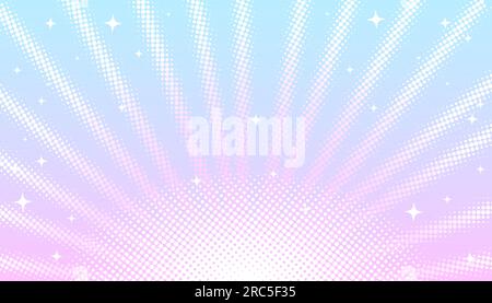 Pink-blue pastel light rays background with halftone effect and stars in manga, comics style. Vector image of stage lights and spotlights, concert, ho Stock Vector