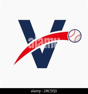 Baseball Logo On Letter V With Moving Baseball Icon. Baseball Logotype Template Stock Vector