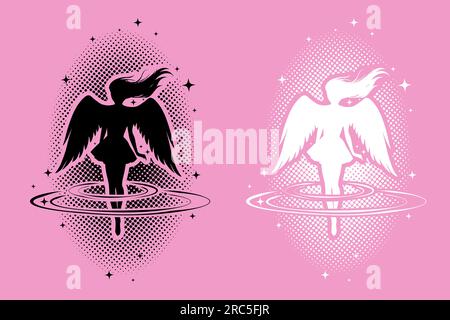Set of silhouettes of anime girls with wings, angels, sorceresses. Vector black image in manga and anime style on a white background. Stock Vector