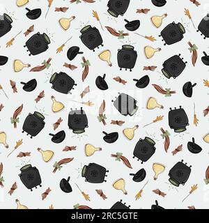 Seamless patterns with witch pots, a lock of hair, chicken legs and potions in a jar for Halloween celebrations. Stock Vector