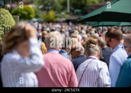 London, UK. 13th July, 2023. large queues amid tight security at the All England Lawn Tennis Club, Wimbledon during the tennis. Credit: Ian Davidson/Alamy Live News Stock Photo