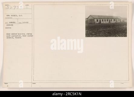 'Beau Desert Base Hospital Center Base Laboratory, located in Beau Desert, Gironde, France in World War One. The photograph is taken by Sergeant Morris, S.C. It was received on April 8th, 199 and taken on January 1st, 1919. The image depicts the number of Beau Desert Hospital Center Base Laboratory, Beau Desert, Gironde, France. It is an issued note related to the section.' Stock Photo