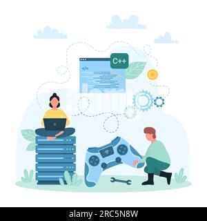 Game development and production vector illustration. Cartoon tiny people repair gamepad and develop online video games, developers programming application and software, coding in editor on screen Stock Vector
