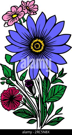 multicolor drawing of a bouquet of wild flowers with a black outline, design, graphics Stock Photo