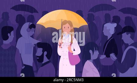 Woman standing in crowd vector illustration. Cartoon happy girl holding umbrella to protect mood from loneliness, stress and indifference of people, depressed sad faceless characters walking around Stock Vector