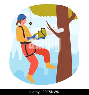 Arborist with chainsaw cutting city park tree vector illustration. Cartoon woman industrial climber in helmet and safety belt holding equipment to cut wood, professional tree surgeon hanging on rope Stock Vector