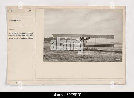 Front view of a Caproni plane at the Aviation Experiment Station in Langley Field, Hampton, Va. This photo, labeled as 111-SC-3442, was received with the description stating that it was taken by the 12th Aerial Corps and shows a view of the Caproni plane at the Aviation Experiment Station. Stock Photo