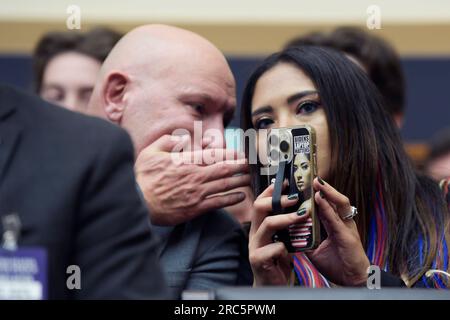 July 12, 2023, Washington, Distric of Columbia, USA: An attend shows a cell that say 'Biden Laptop Matter' during a hearing about FBI oversight today on July 12, 2023 at Rayburn HOB/Capitol Hill in Washington DC, USA. (Credit Image: © Lenin Nolly/ZUMA Press Wire) EDITORIAL USAGE ONLY! Not for Commercial USAGE! Stock Photo