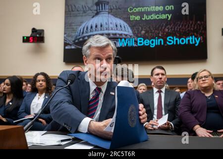 Federal Bureau of Investigation Director Christopher Wray arrives for a House Committee on the Judiciary hearing “Oversight of the Federal Bureau of Investigation” in the Rayburn House Office Building in Washington, DC, Wednesday, July 12, 2023. Credit: Rod Lamkey/CNP /MediaPunch Stock Photo