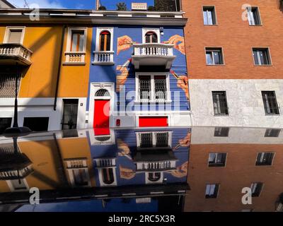 Milan, Italy - March 31: Modern Italian buildings and street view in Milan, the capital of Lombard, region of Italy. Stock Photo