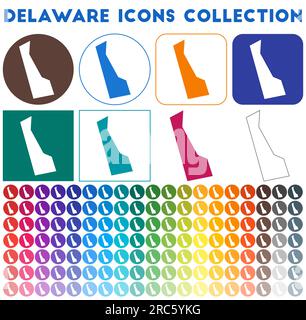 Delaware icons collection. Bright colorful trendy map icons. Modern Delaware badge with US state map. Vector illustration. Stock Vector