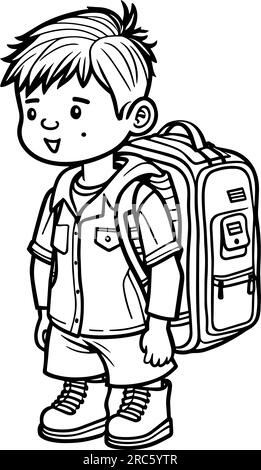 Cute boy with backpack coloring page. Back to school concept. Vector illustration Stock Vector