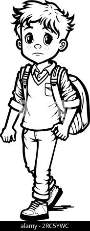 Sad Boy with backpack coloring page. Back to school concept. Vector illustration Stock Vector