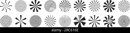 Circular bursts, beams, and rays. Monochrome graphics, optical patterns, and glowing black elements. Vector isolated illustration. Stock Vector