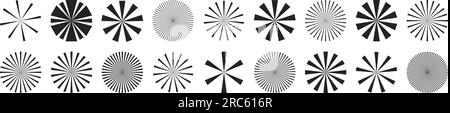 Circular bursts, beams, and rays. Monochrome graphics, optical patterns, and glowing black elements. Vector isolated illustration. Stock Vector