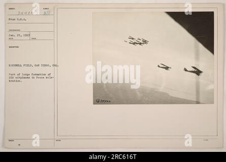 Image of a large formation of 202 airplanes at Rockwell Field, San Diego, California. This aerial display was part of a peace celebration following World War I. Photograph taken on January 15, 1919, by D.M.A. photographer, as evidenced by the issued number 34402. Stock Photo