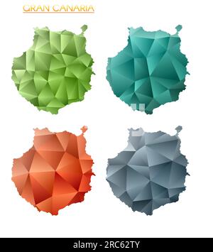 Set of vector polygonal maps of Gran Canaria. Bright gradient map of island in low poly style. Stock Vector