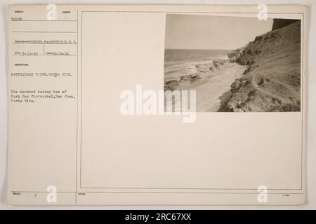 A photograph of the haunted sentry box of Fort San Christobel in San Juan, Porto Rico during World War I. The image showcases the eerie atmosphere surrounding the abandoned military outpost. photographed by Sergeant McGarrigle on February 24, 1919. This image is cataloged as 111-SC-39945, with registration in the S. C. Regiment. Stock Photo