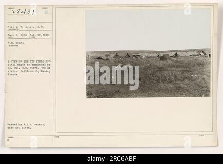 Pvt. R. P. Antrim, from S. C., captured a photograph of the 7th Field Hospital commanded by Lt. Col. W. H. Tefft in Bethincourt, Meuse, France. The image was taken on Oct. 22, 1918, by photographer BURBER. The 3rd division of the A.E.F. censor approved the photo but did not provide its date of issue. Stock Photo