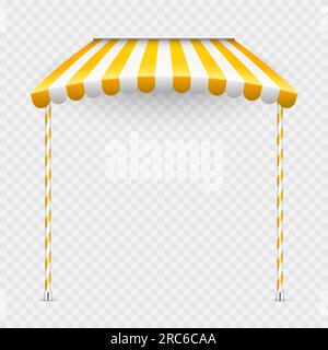 Yellow shop sunshade with stand holders. Realistic striped cafe awning ...