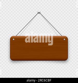 Wooden hanging signboard. Made of wood door sign for cafe, restaurant, bar or retail store. Announcement banner, information signage for business or Stock Vector