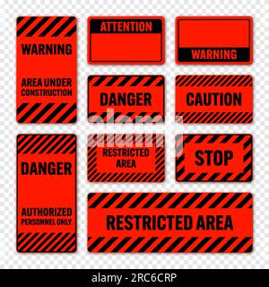 Various black and red warning signs with diagonal lines. Attention, danger or caution sign, construction site signage. Realistic notice signboard Stock Vector