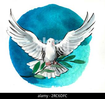 Dove of peace with olive branch. Hand-drawn ink and watercolor sketch with splatters Stock Photo