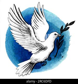 White dove with olive branch as a symbol of peace. Hand-drawn ink and watercolor sketch with splatters Stock Photo