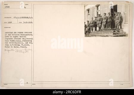 American and French officers at 2nd Division Headquarters, taken on July 10th, 1918. Pictured from left to right: General Degoutte (French), Maj. General Omar Bundy (U.S.A.), Commanding 2nd Division, U.S.A., and Gen. John J. Pershing. Location: St. Aulde, Seine et Marne, France. Photographer: CPL.D. J. SHEEHAN.S.C. Stock Photo