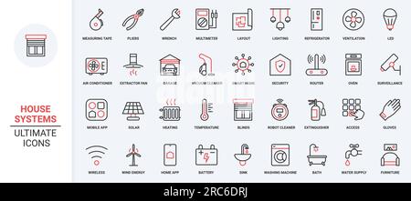 Remote surveillance air conditioner, electrical appliances and device to control energy, temperature lighting, refrigerator. Smart home systems trendy red black thin line icons set vector illustration Stock Vector