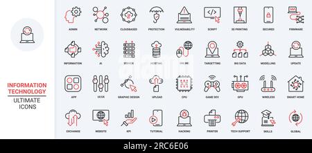 Internet network system computer database symbols, big data analysis protection, exchange download, support center. Information technology trendy red black thin line icons set vector illustration. Stock Vector