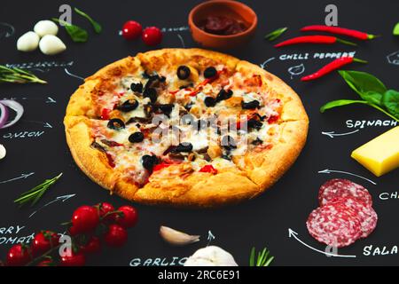 Pizza, ingredients and product names written in chalk on a black background. Banner, menu, recipe. Stock Photo