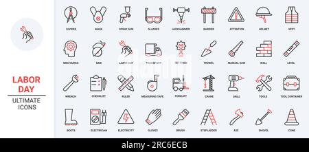 Paint brush and wrench, saw and shovel from mechanical repair toolbox, construction crane and drill, road barrier. Workers tools in industry trendy red black thin line icons set vector illustration. Stock Vector