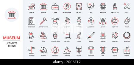 Exhibition antique artifacts culture heritage collection for visitors, school excursion, artwork exhibits of art history gallery. Museum trendy red black thin line icons set vector illustration. Stock Vector