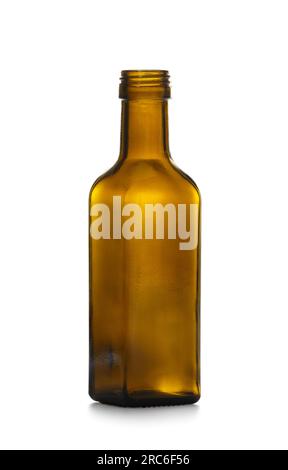 Empty square shape dark brown glass bottle for alcoholic and non-alcoholic drinks, medicines, oils, liquid foods, isolated on white background. Stock Photo