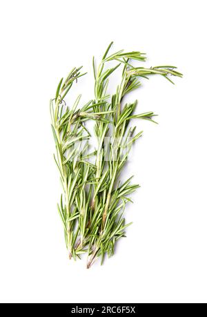 Several branches of fresh green rosemary isolated on white background, top view. Fragrant herbs and spices, medicinal herbs. Rosemary sprigs. Stock Photo