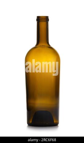 Empty dark glass wine bottle isolated on white background, glassware, drinkware. Stock Photo