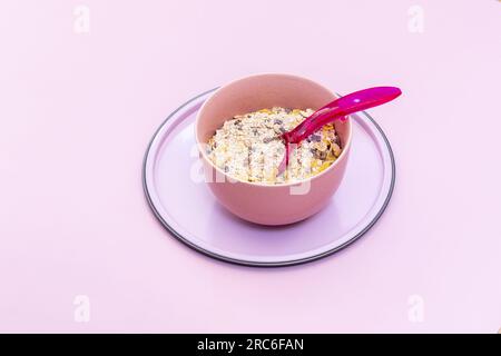 A still life of cereals in a pink bowl with a pink spoon on a plate in the absence of any liquid and a background of the same color Stock Photo