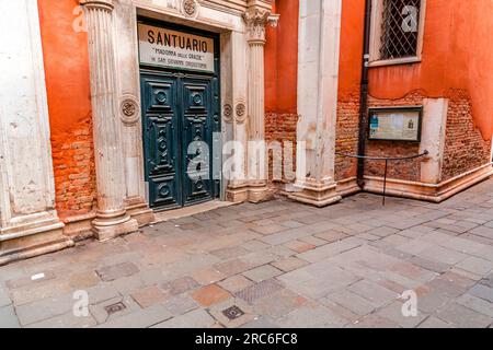 Venice, Italy - April 2, 2022: Exterior view of the Sanctuary of Madonna delle Grazie, in Italian, Santuario Madonna delle Grazie in San Giovanni Cris Stock Photo