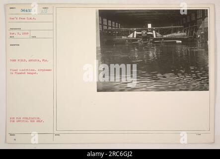 'Flooded hangar at Dorr Field, Arcadia, Fla during World War I. The image shows multiple airplanes submerged in the water. This photograph was taken on November 5, 1918, and was received from D.M.A. Photographer number 56433. It has been issued for official use only and is not intended for publication.' Stock Photo