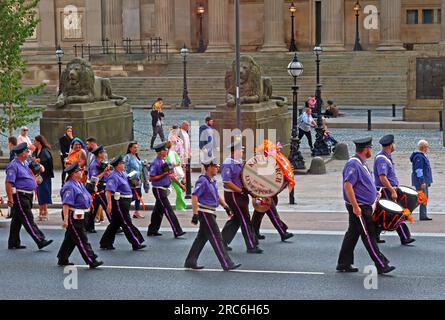 Twelfth of July Battle of The Boyne Orangemen parade, Royalist bands in Lime Street Liverpool, in front of St Georges Hall & cenotaph, Merseyside,  UK Stock Photo