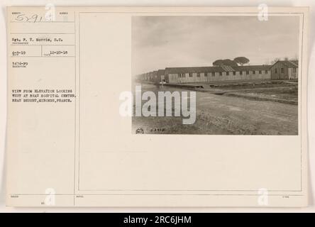 Aerial view from an elevated location, facing west, of Beau Hospital Center in Beau Desert, Gironde, France during World War One. The photograph captures Sgt. F. T. Morris, S.C., and was taken on December 20th, 1918. The image is numbered 3474-89 in a series of photographs documenting American military activities during the war. Stock Photo