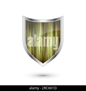 Wooden vintage shield icon. Black heraldic shield. Protection and security symbol, label. Vector illustration Stock Vector