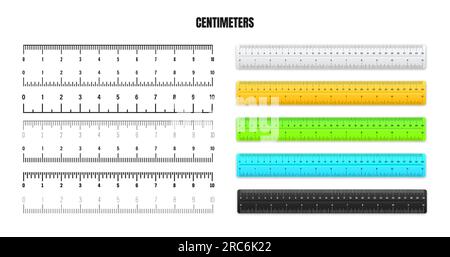 Realistic metal rulers with black centimeter scale for measuring length or height. Various measurement scales with divisions. Ruler, tape measure Stock Vector