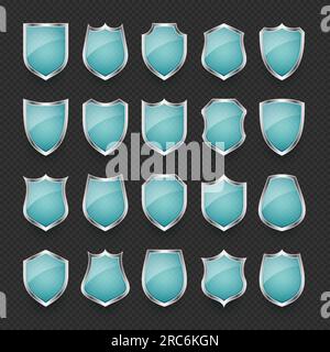 Set of vintage glass 3d shield icons. Blue heraldic shields. Black protection and security symbol, label. Vector illustration Stock Vector