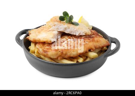 Tasty fish in soda water batter, potato chips and lemon slice isolated on white Stock Photo