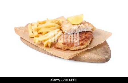 Tasty fish in soda water batter, potato chips and lemon slice isolated on white Stock Photo