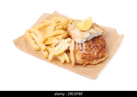 Tasty fish in soda water batter, potato chips and lemon slice isolated on white Stock Photo