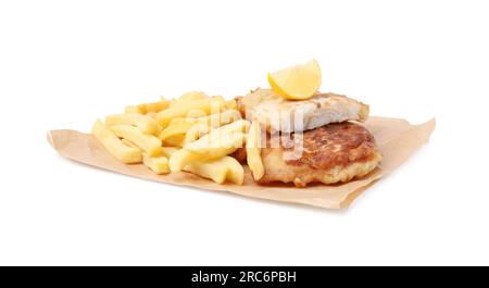 Tasty fish in soda water batter, potato chips and lemon slice isolated on white Stock Photo