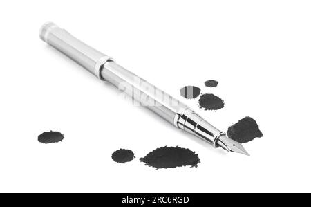 Stylish silver fountain pen and blots of ink isolated on white Stock Photo